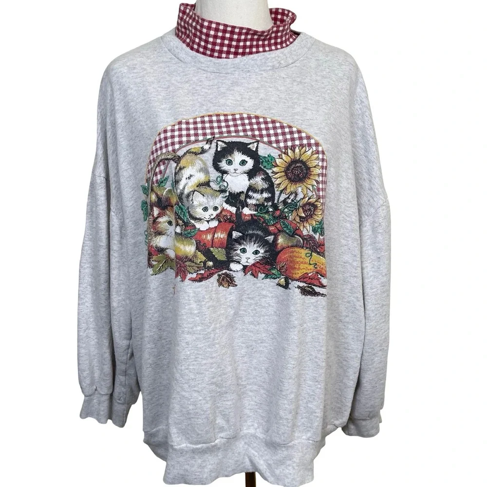 Vintage Basic Editions Cat Graphic Sweatshirt Womens 1X Grey Mock Neck Fall 90s - Picture 2 of 8